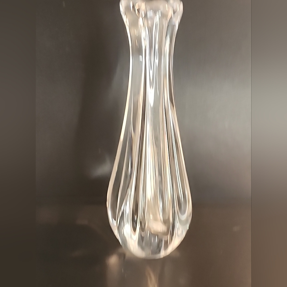 ORREFORS Crystal Finger Swung Bud Vase Tulip Ribbed Bulbous Signed 7.5in Sweden